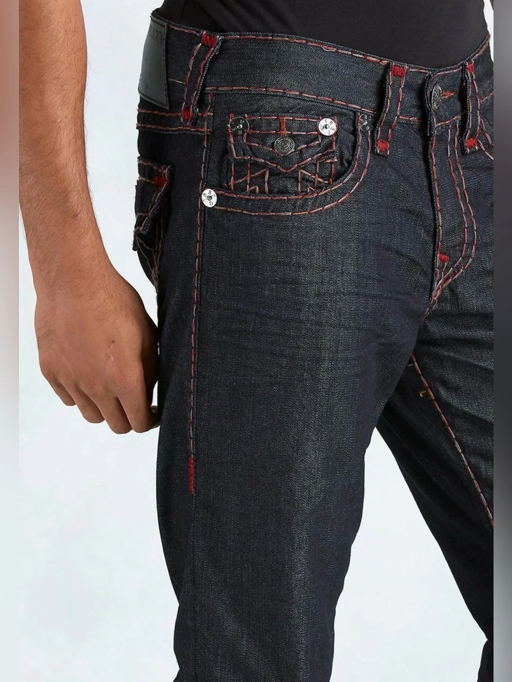 True Religion•Geno Relaxed Slim Jeans Dark Wash Red Super T Stitch Denim